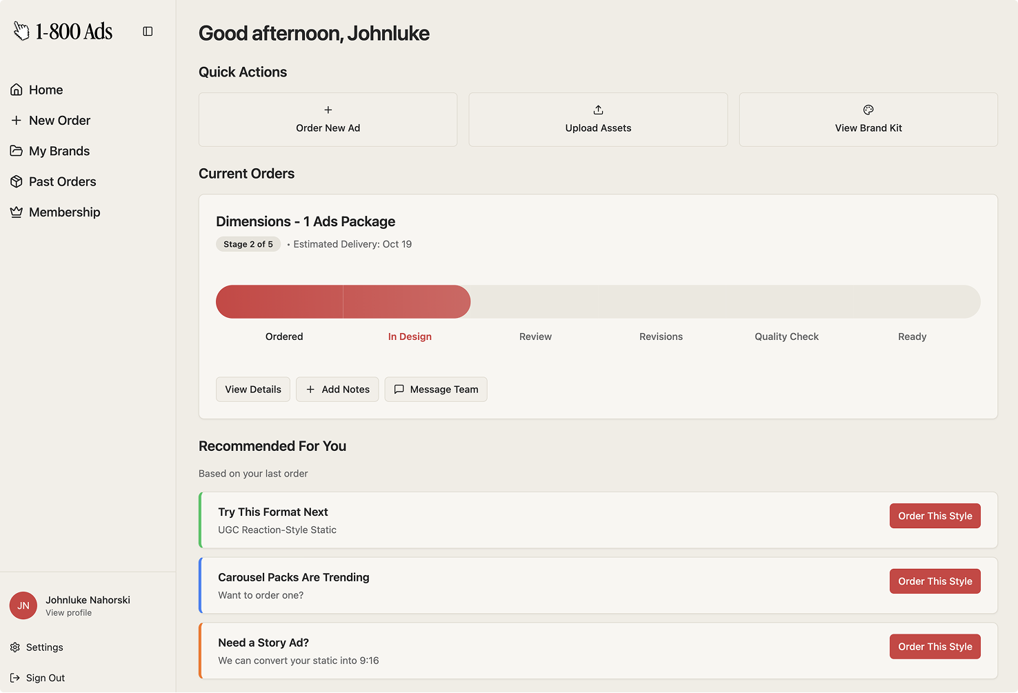 1-800 Ads client order tracking dashboard