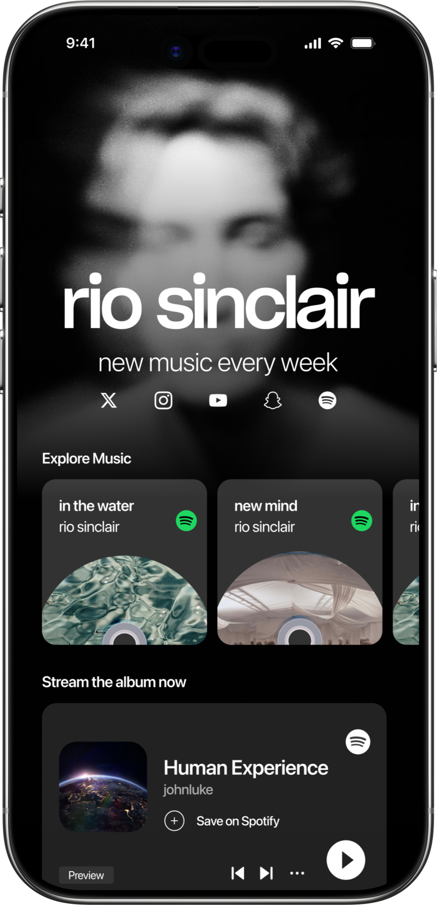 Dimensions artist music page displayed in an iPhone mockup