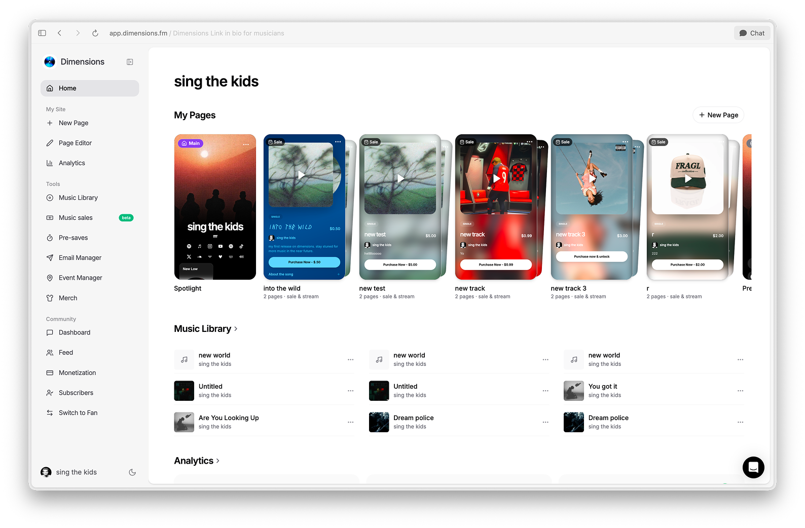 Dimensions artist dashboard showing pages, music library, and analytics tools