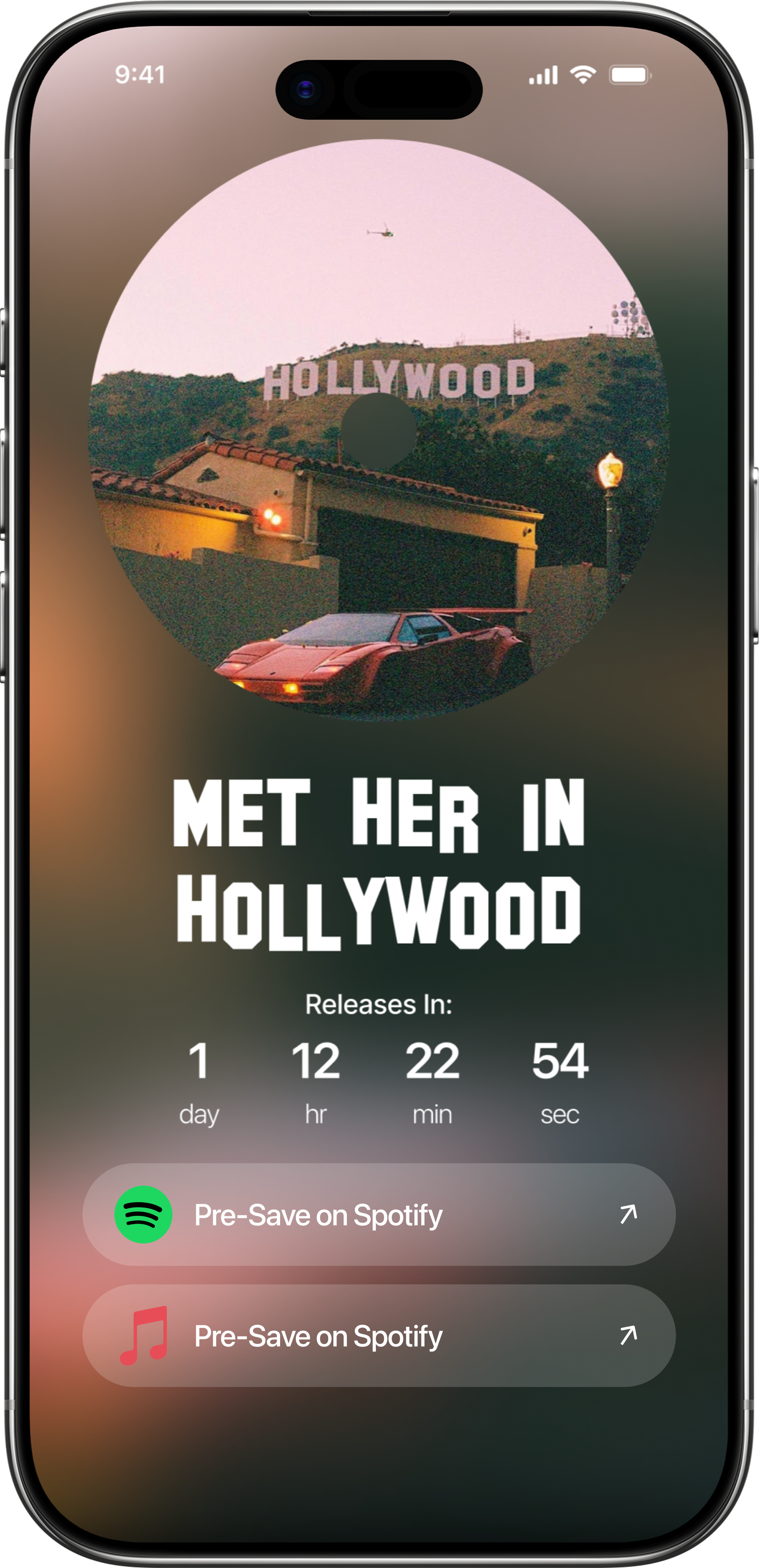 Dimensions music pre-save page displayed in an iPhone mockup