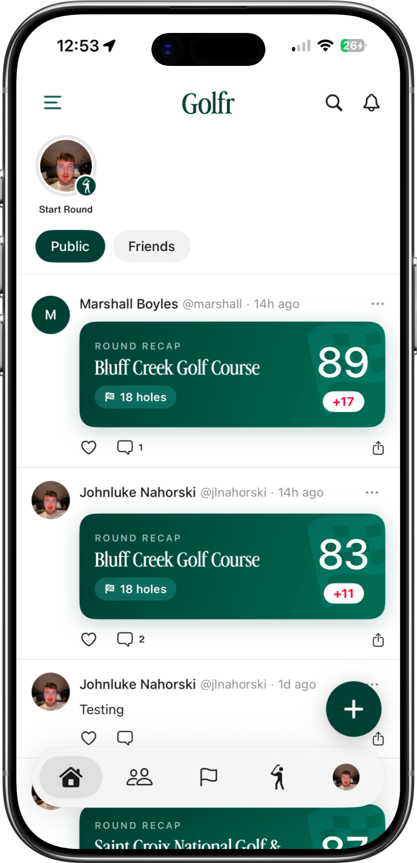 Golfr social feed displayed in an iPhone mockup