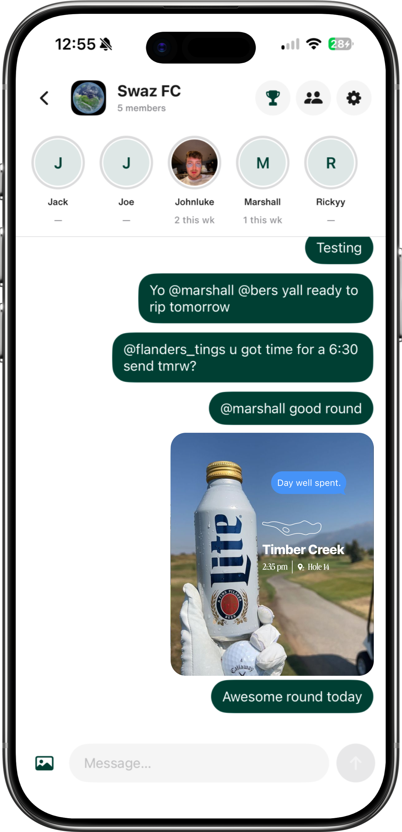 Golfr group chat displayed in an iPhone mockup