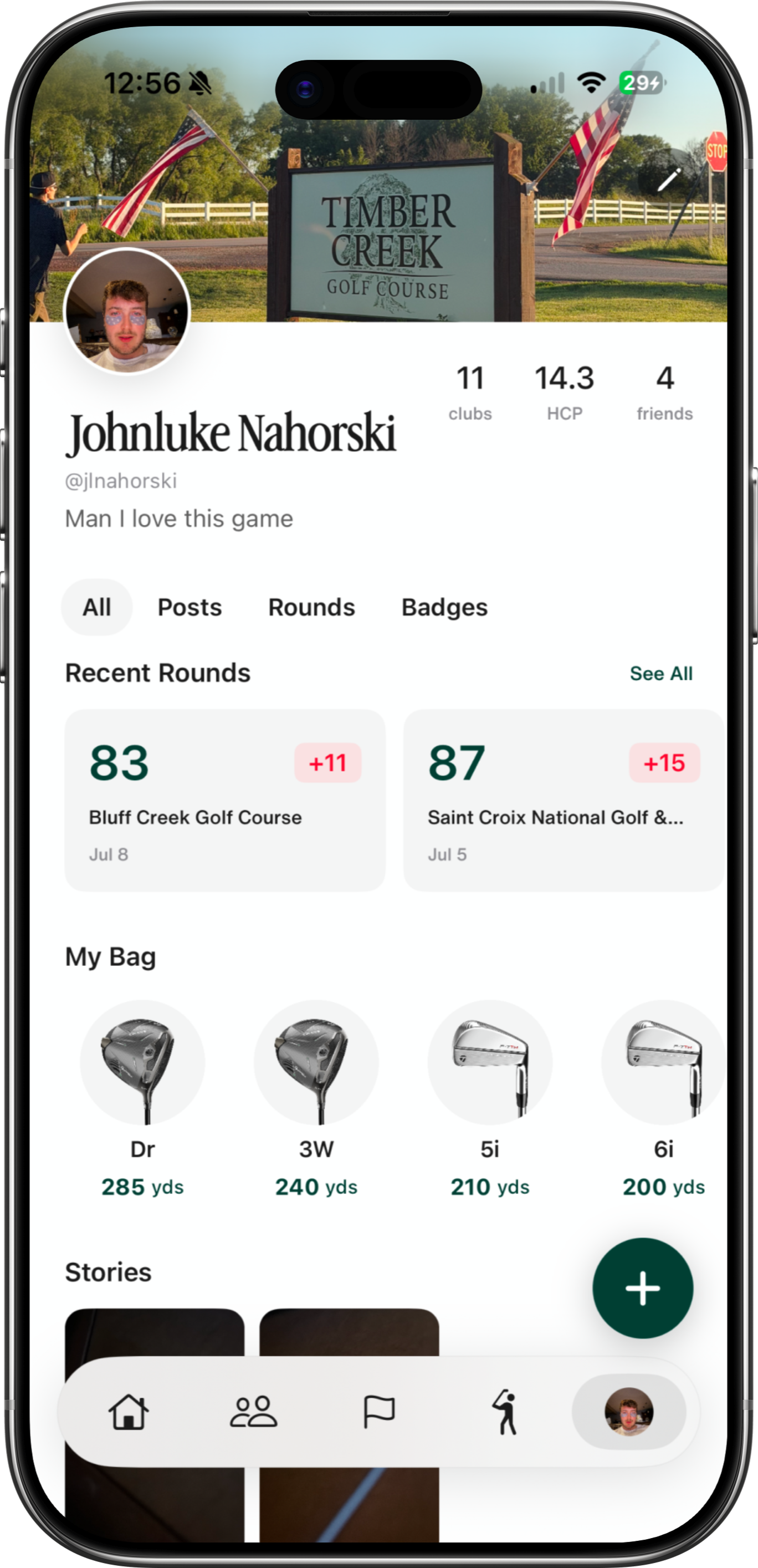 Golfr mobile app profile displayed in an iPhone mockup