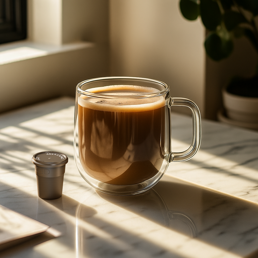 Mad Coffee Americano product beside a glass mug of coffee